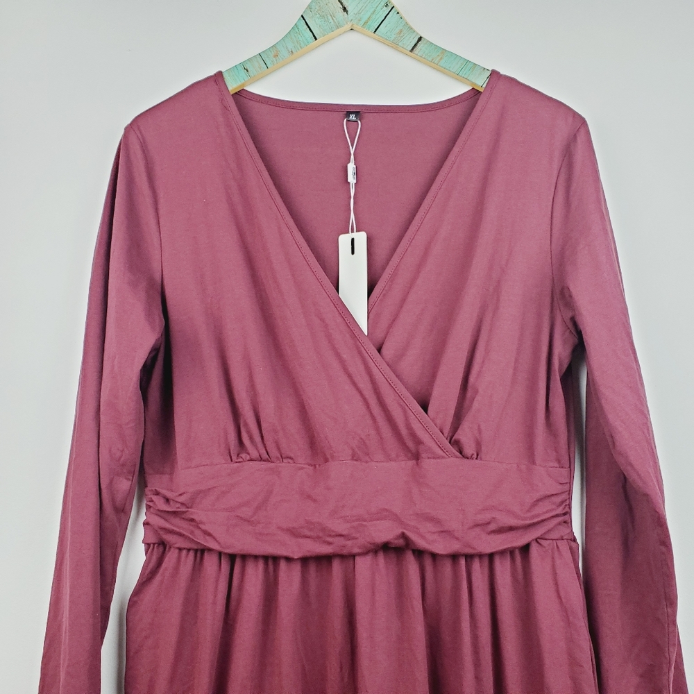 Styleworld Burgandy Faux Wrap Long Sleeve Dress XL